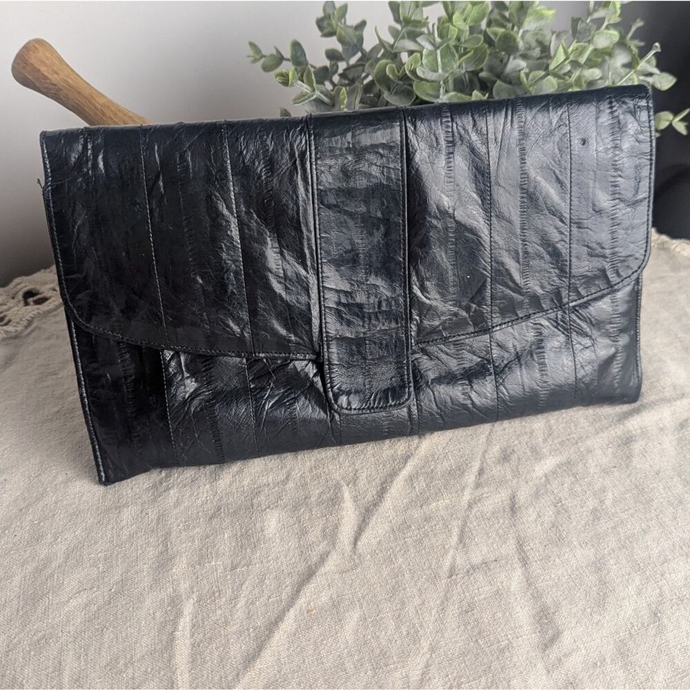 Vintage Black-ish Navy Skin Clutch Wallet | 80s Exotic Leather Evening Bag